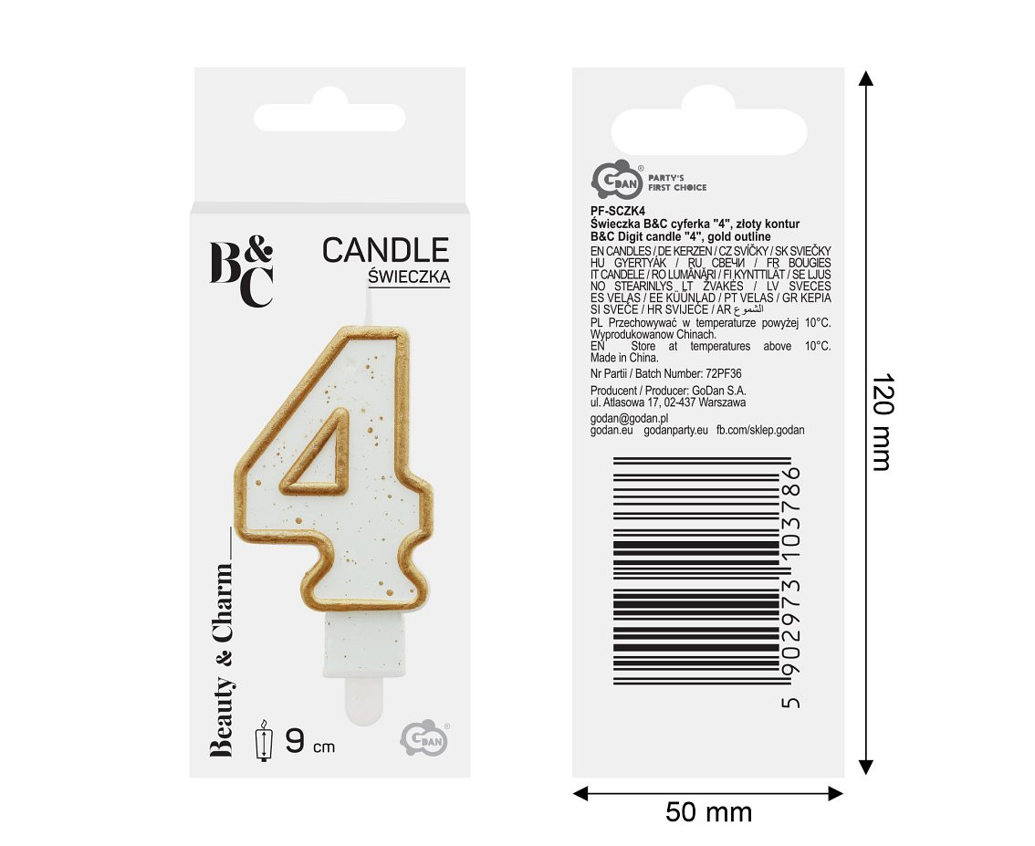 Digit candle "4", gold outline, 8 cm